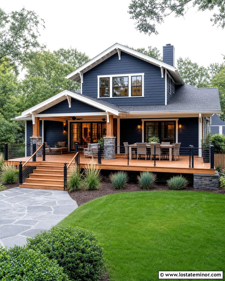 Navy Blue House With Cedar Deck - 30 Navy Blue House Design With Backyard Ideas