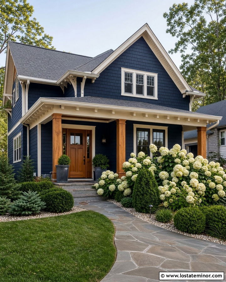 Navy Blue House With Cedar Door And Hydrangeas - 30 Navy Blue House Design With Front Yard Ideas