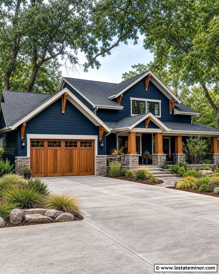 Navy Blue House With Cedar Garage Door - 30 Navy Blue House Design With Garage Door Ideas