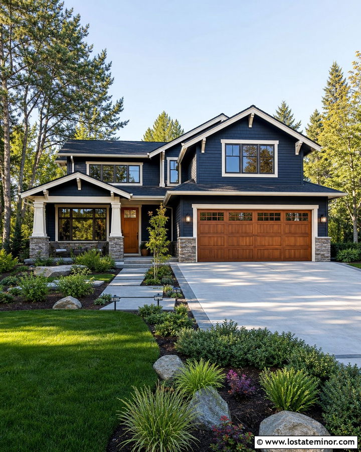 Navy Blue House With Cedar Garage Doors - 30 Navy Blue House Design With Accents Ideas