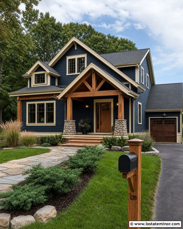 Navy Blue House With Cedar Mailbox Post - 30 Navy Blue House Design With Mailbox Ideas