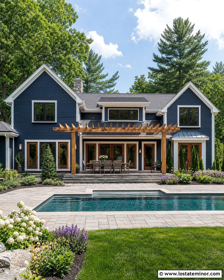 Navy Blue House With Cedar Pool Pergola - 30 Navy Blue House Design With Swimming Pool Ideas