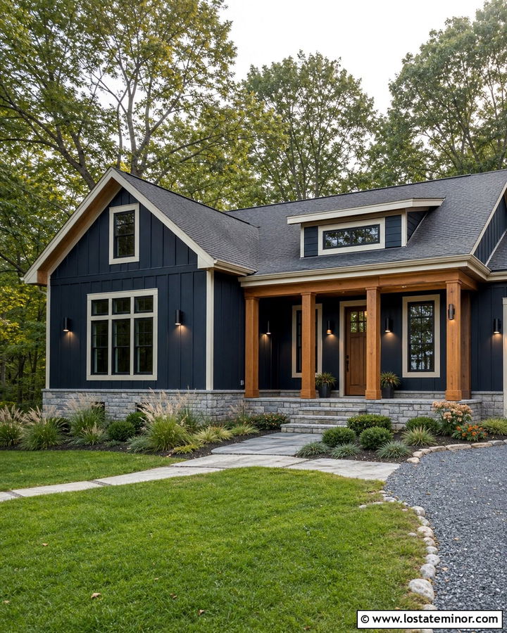 Navy Blue House With Cedar Porch Lights - 30 Navy Blue House Design With Lighting Ideas