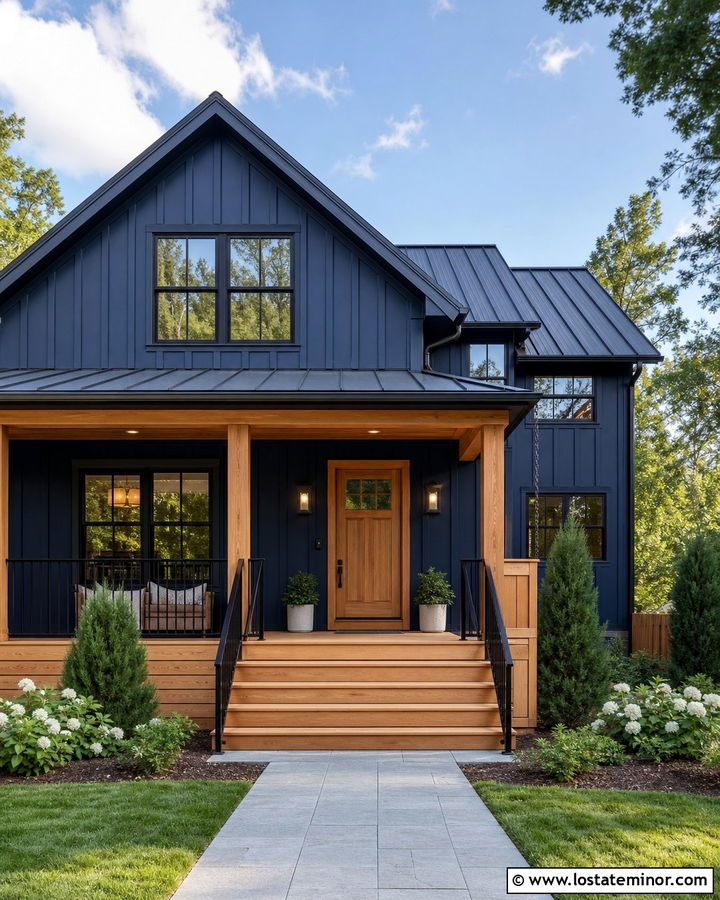 Navy Blue House With Cedar Porch Steps - 30 Navy Blue House Design With Steps Ideas