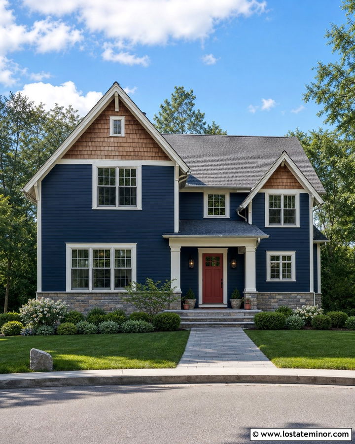 Navy Blue House With Cedar Shake And Red Door - 30 Navy Blue House Design With Cedar Shake Ideas
