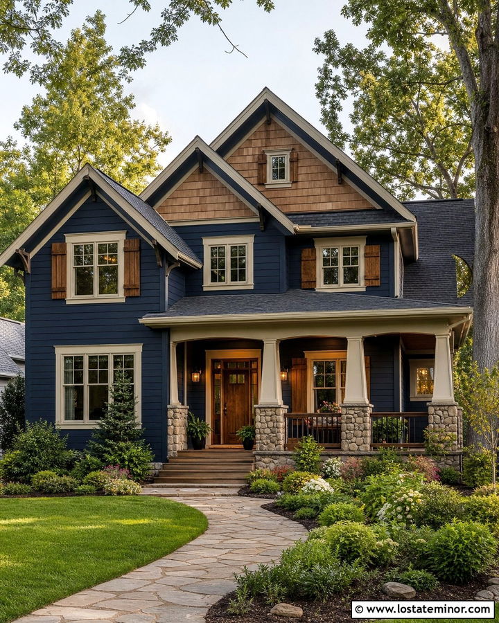 Navy Blue House With Cedar Shake And Wood Shutters - 30 Navy Blue House Design With Cedar Shake Ideas