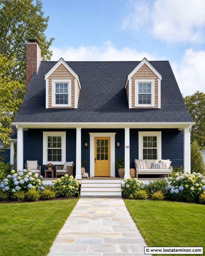 Navy Blue House With Cedar Shake And Yellow Door - 30 Navy Blue House Design With Cedar Shake Ideas