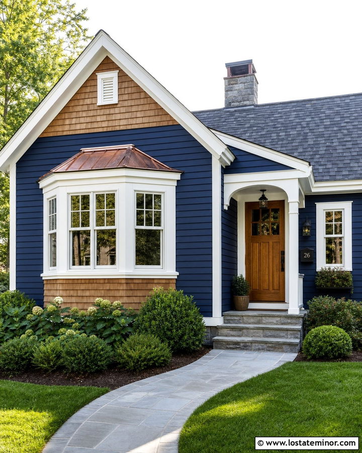 Navy Blue House With Cedar Shake Bay Window - 30 Navy Blue House Design With Cedar Shake Ideas
