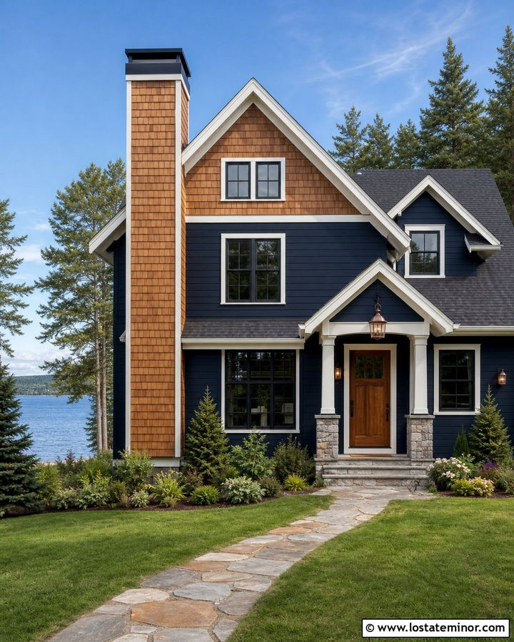Navy Blue House With Cedar Shake Chimney - 30 Navy Blue House Design With Cedar Shake Ideas