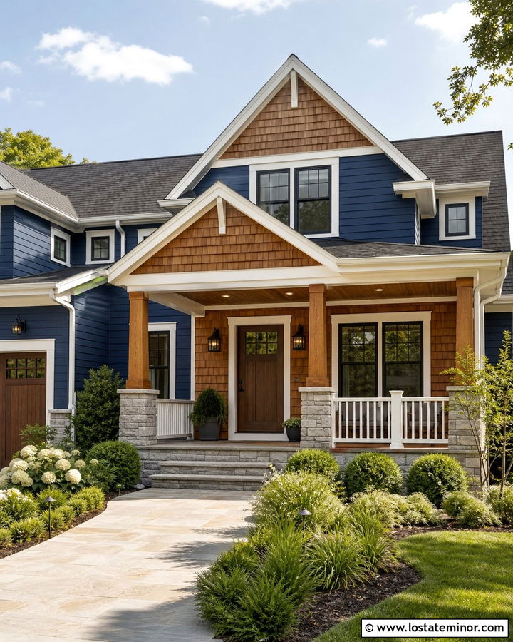 Navy Blue House With Cedar Shake Front Porch - 30 Navy Blue House Design With Cedar Shake Ideas