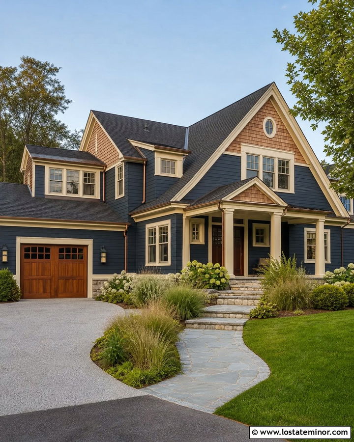 Navy Blue House With Cedar Shake Gables - 30 Navy Blue House Design With Gables Ideas