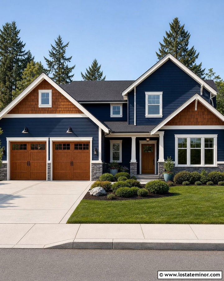 Navy Blue House With Cedar Shake Garage Doors - 30 Navy Blue House Design With Cedar Shake Ideas