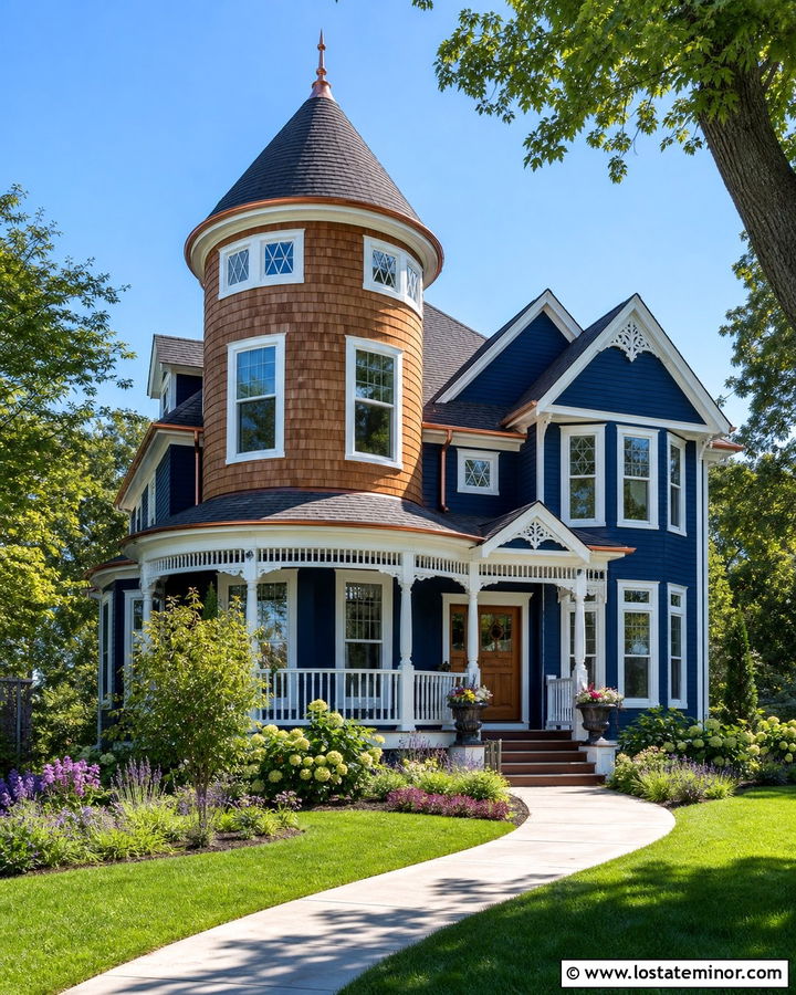 Navy Blue House With Cedar Shake Tower - 30 Navy Blue House Design With Cedar Shake Ideas