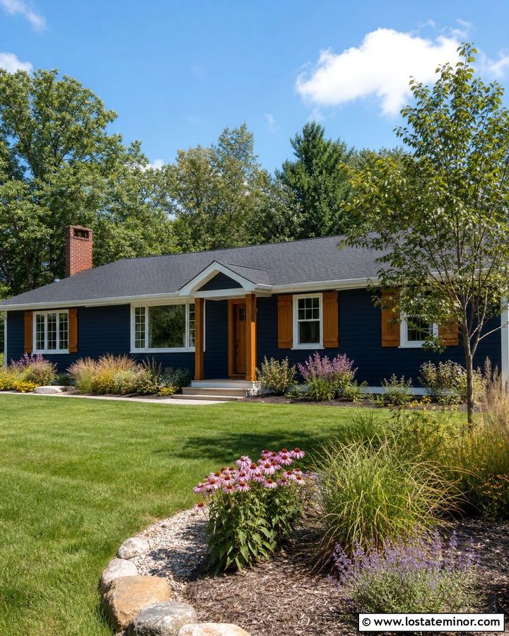 Navy Blue House With Cedar Shutters And Native Grasses - 30 Navy Blue House Design With Landscaping Ideas