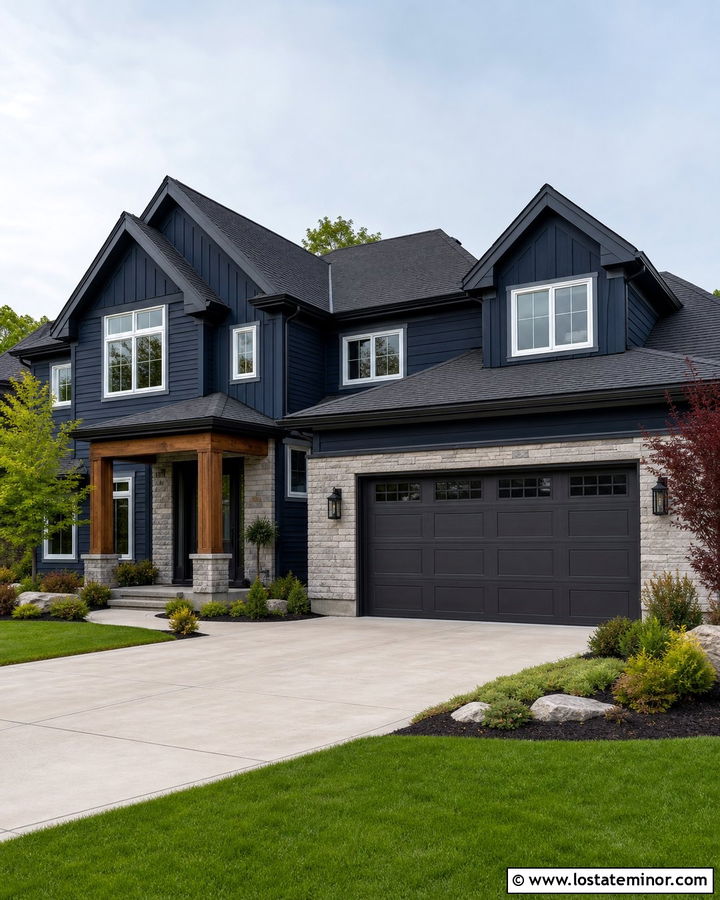 Navy Blue House With Charcoal Garage Door - 30 Navy Blue House Design With Garage Door Ideas