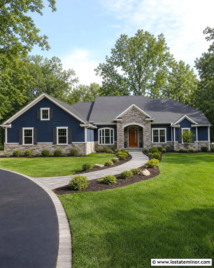 Navy Blue House With Charcoal Roof And Stone - 30 Navy Blue House Design With Stone Accents Ideas