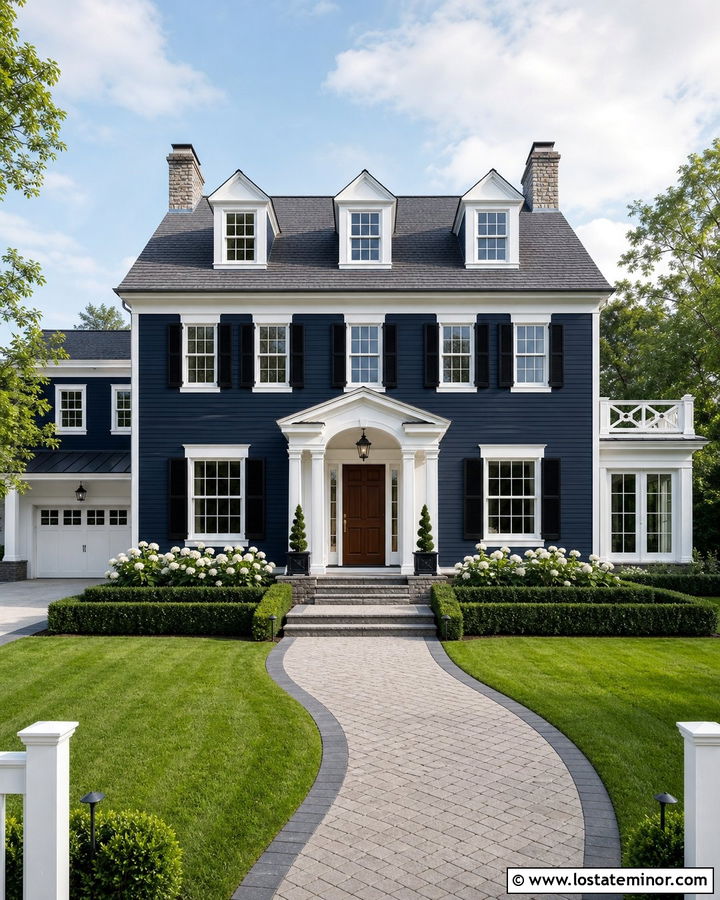 Navy Blue House With Circular Paver Walkway - 30 Navy Blue House Design With Walkway Ideas