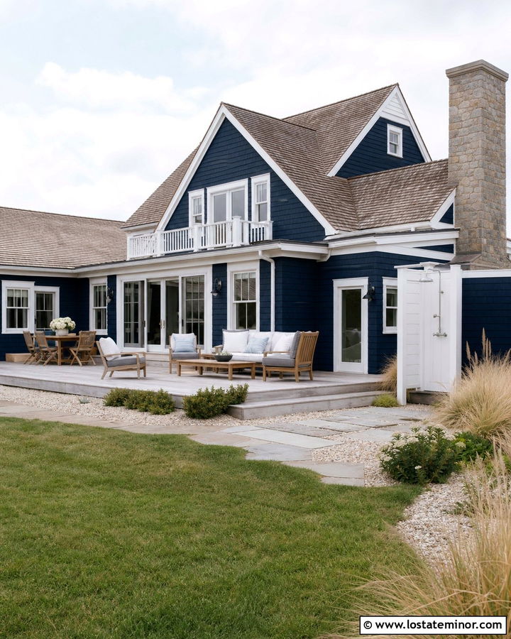 Navy Blue House With Coastal Backyard - 30 Navy Blue House Design With Backyard Ideas