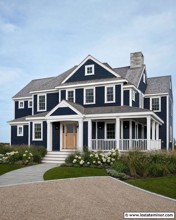 Navy Blue House With Coastal Bulkhead Lights - 30 Navy Blue House Design With Lighting Ideas