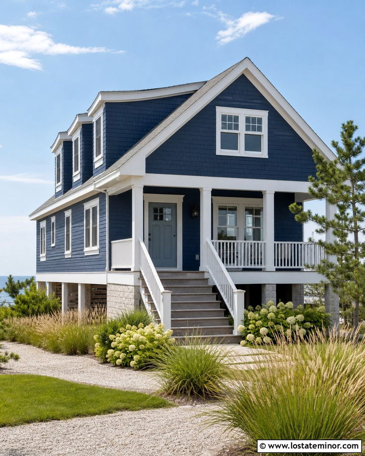Navy Blue House With Coastal Deck - 30 Navy Blue House Design With Deck Ideas