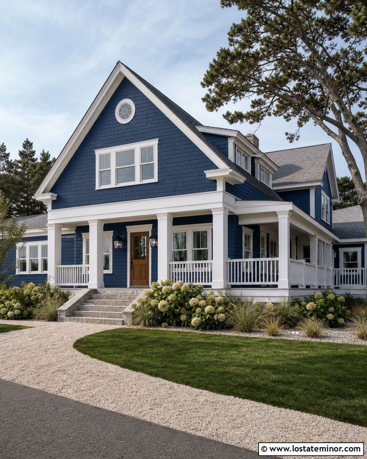 Navy Blue House With Coastal Porch Columns - 30 Navy Blue House Design With Porch Columns Ideas