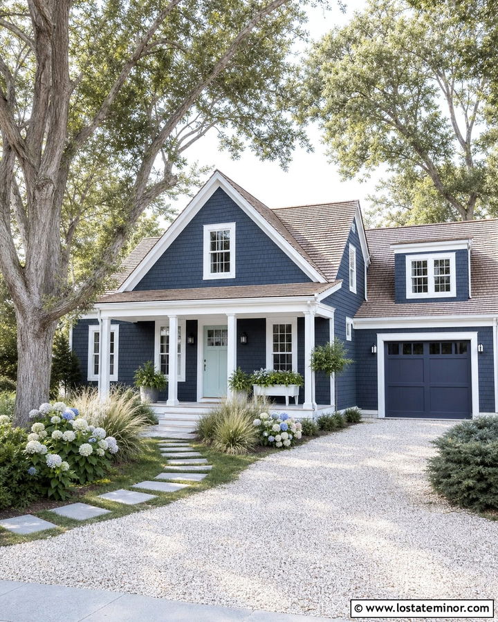 Navy Blue House With Coastal Shell Driveway - 30 Navy Blue House Design With Driveway Ideas