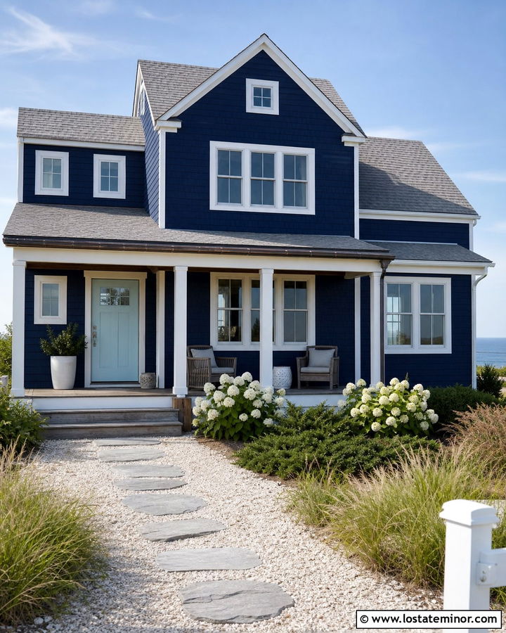 Navy Blue House With Coastal Shell Walkway - 30 Navy Blue House Design With Walkway Ideas