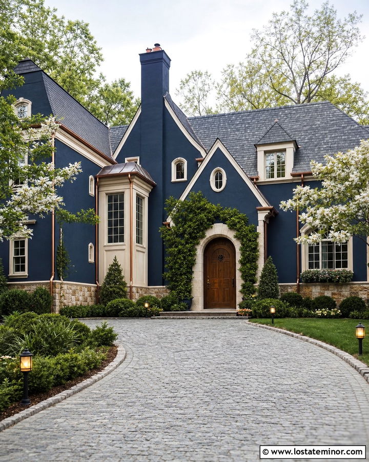 Navy Blue House With Cobblestone Driveway - 30 Navy Blue House Design With Driveway Ideas