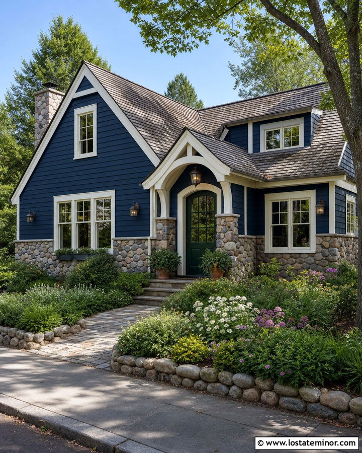 Navy Blue House With Cobblestone Wainscoting - 30 Navy Blue House Design With Wainscoting Ideas