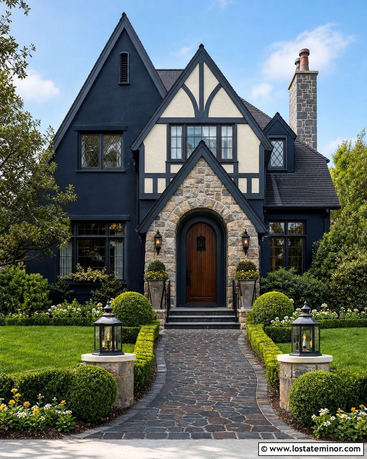 Navy Blue House With Cobblestone Walkway - 30 Navy Blue House Design With Walkway Ideas