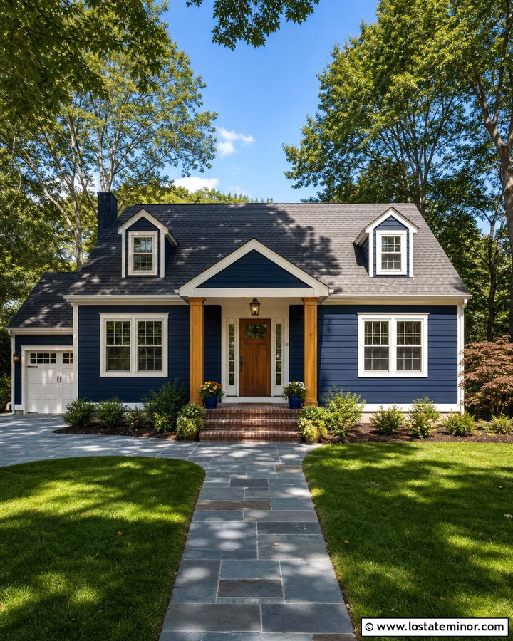 Navy Blue House With Columned Portico - 30 Navy Blue House Design With Porch Columns Ideas