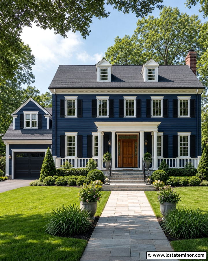 Navy Blue House With Columns And Black Shutters - 30 Navy Blue House Design With Porch Columns Ideas