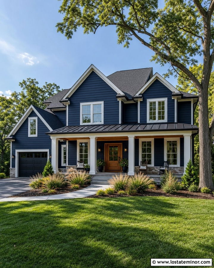 Navy Blue House With Columns And Metal Roof - 30 Navy Blue House Design With Porch Columns Ideas