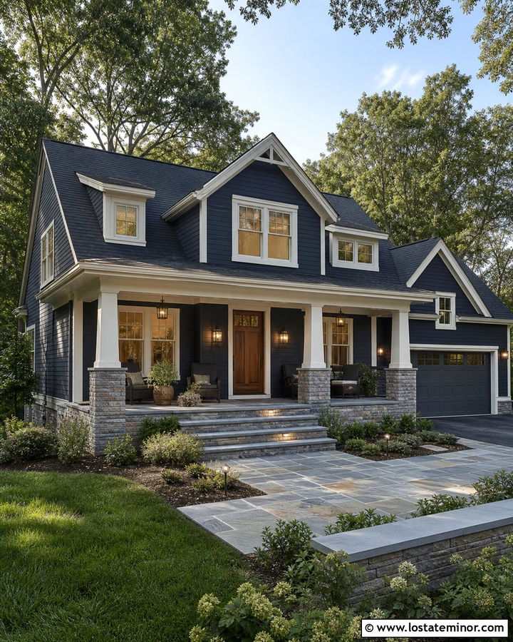Navy Blue House With Columns And Stone Porch - 30 Navy Blue House Design With Porch Columns Ideas
