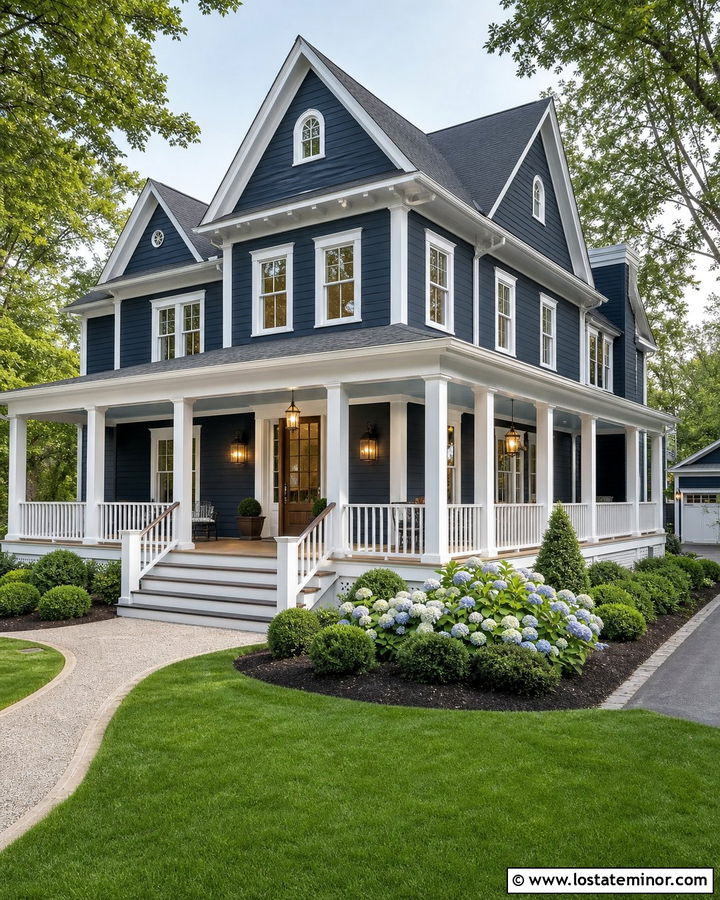 Navy Blue House With Columns And Wraparound Porch - 30 Navy Blue House Design With Porch Columns Ideas