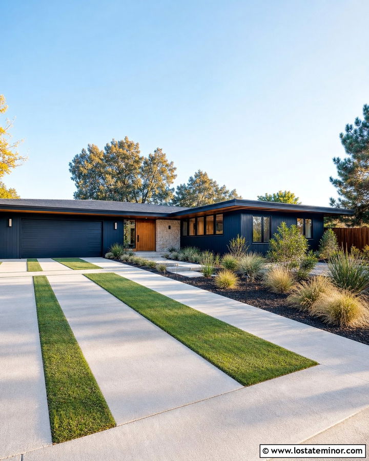 Navy Blue House With Concrete And Grass Driveway - 30 Navy Blue House Design With Driveway Ideas