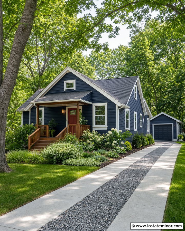 Navy Blue House With Concrete Ribbon Driveway - 30 Navy Blue House Design With Driveway Ideas