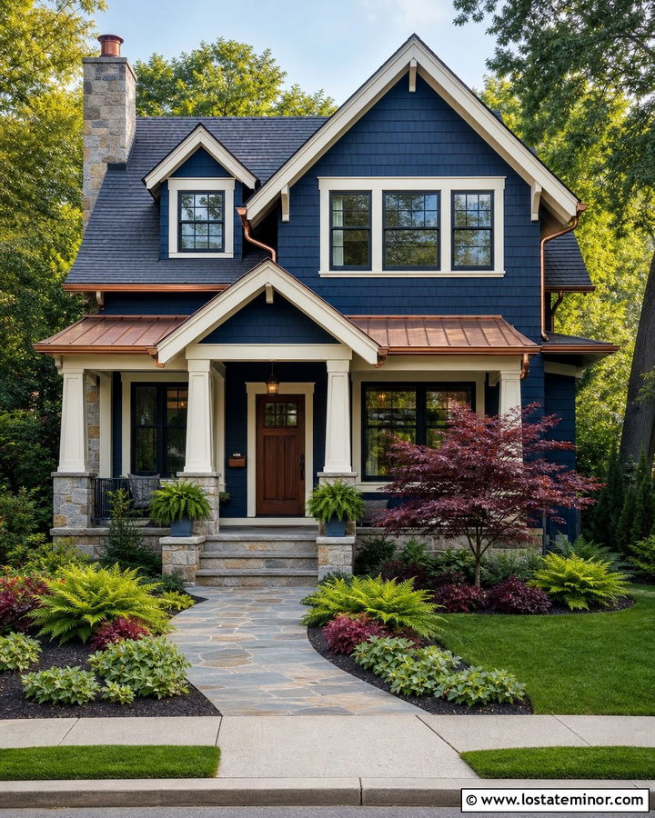Navy Blue House With Copper Accents And Japanese Maple - 30 Navy Blue House Design With Landscaping Ideas