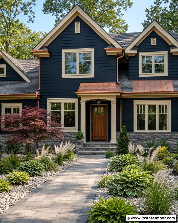 Navy Blue House With Copper Accents And Japanese Maple - 30 Navy Blue House Design With Front Yard Ideas