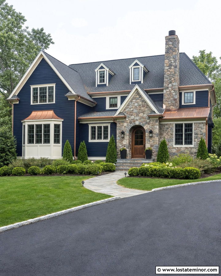 Navy Blue House With Copper And Stone Accents - 30 Navy Blue House Design With Stone Accents Ideas