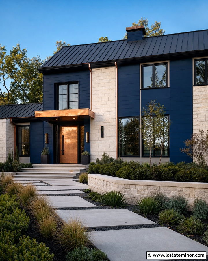 Navy Blue House With Copper Front Door - 30 Navy Blue House Design With Front Door Ideas