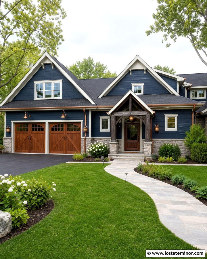 Navy Blue House With Copper Garage Lights - 30 Navy Blue House Design With Lighting Ideas