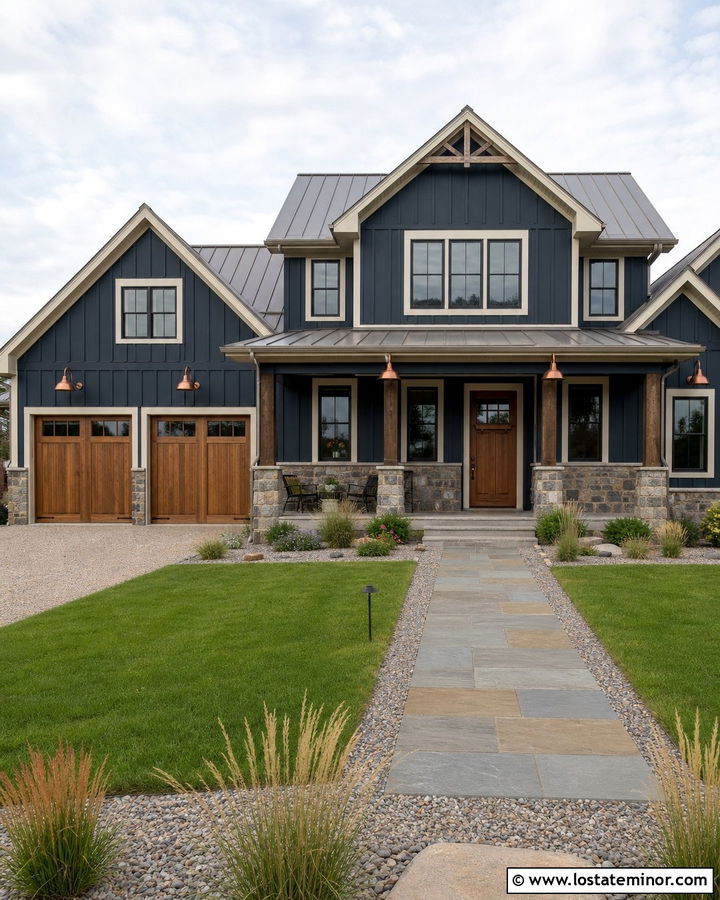 Navy Blue House With Copper Gooseneck Lights - 30 Navy Blue House Design With Light Fixtures Ideas
