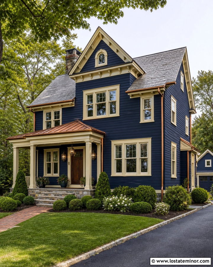 Navy Blue House With Copper Gutters And Cream Trim - 30 Navy Blue House Design With Trim Ideas
