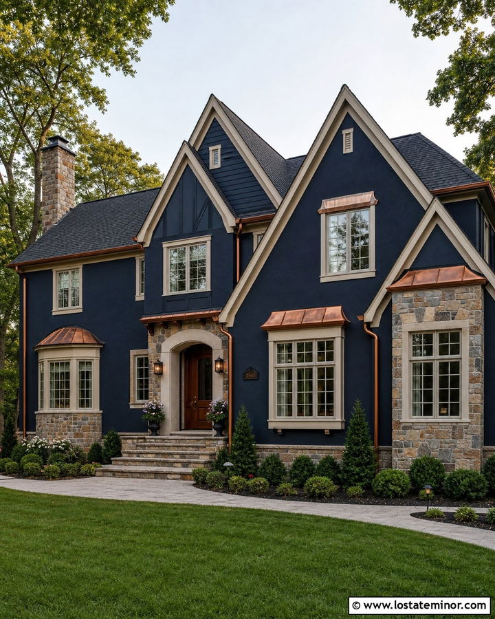 Navy Blue House With Copper Gutters And Stone Accents - 30 Navy Blue House Design With Accents Ideas