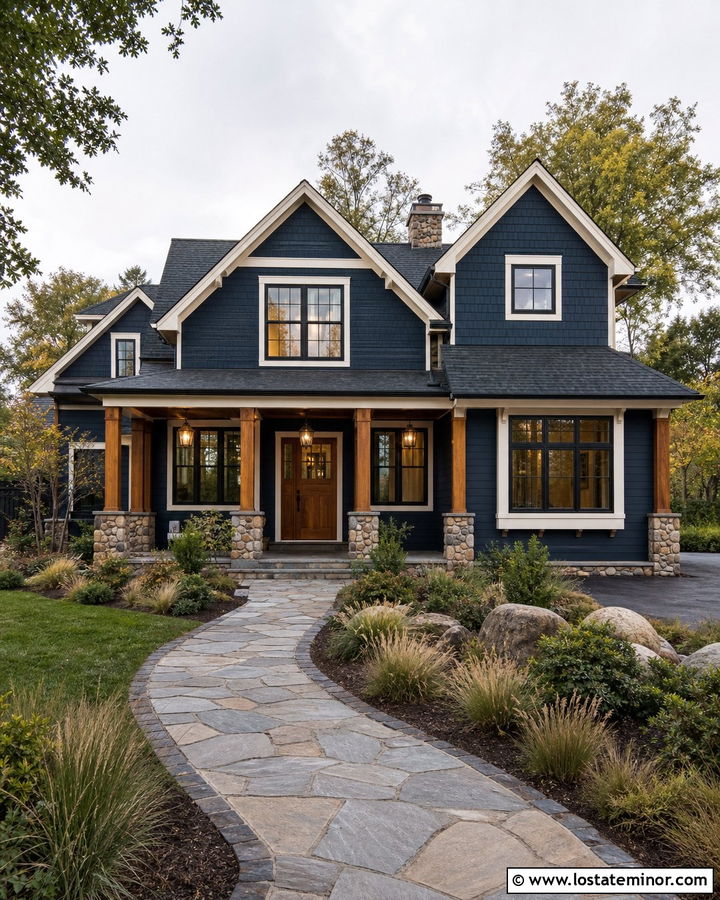 Navy Blue House With Copper Lanterns - 30 Navy Blue House Design With Lighting Ideas
