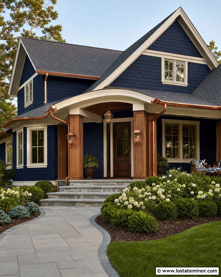 Navy Blue House With Copper Porch Accents - 30 Navy Blue House Design With Front Porch Ideas