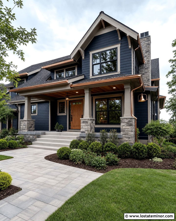 Navy Blue House With Copper Porch Ceiling - 30 Navy Blue House Design With Porch Ceiling Ideas
