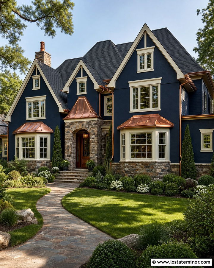 Navy Blue House With Copper Roof Accents - 30 Navy Blue House Design With Roof Ideas