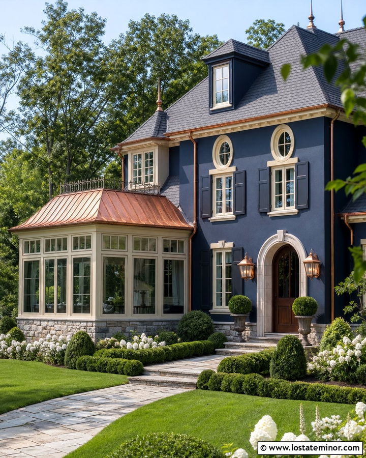 Navy Blue House With Copper Roof Sunroom - 30 Navy Blue House Design With Sunroom Ideas